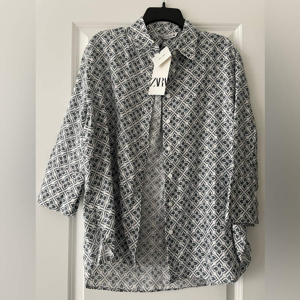 Zara 100% Linen Button Down Patterned Shirt